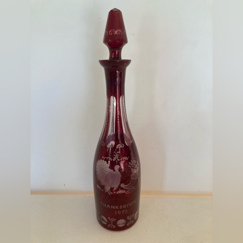 Egermann Decanter THANKSGIVING 1972 Red Bohemian Czech Art Glass Red Cut Clear
